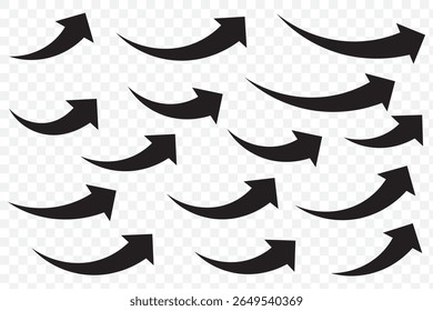 Illustration set of downward pointing curved arrows. Black arrows set. Curved arrows. Arrow sign. Flat style icons on Transparent Background. EPS 10.
