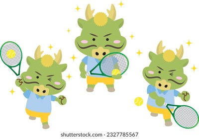 Illustration set of a dragon playing tennis happily