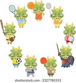 An illustration set of dragons enjoying various sports, written as "Dragon" in Japanese.