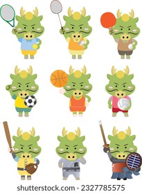 An illustration set of dragons enjoying various sports, written as "Dragon" in Japanese.