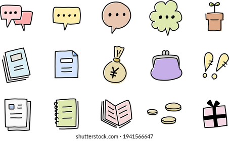 Illustration Set Drawn By Freehand. Rough Colorful Handwritten Icons For Lines, Documents, Books, Money, Wallets And More.