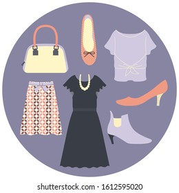 Illustration set of dresses and shoes (ladies' fashion accessories)