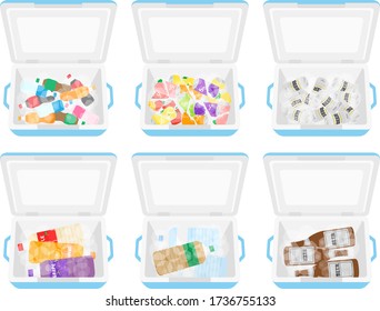 Illustration set of drinks chilled in a cooler box.