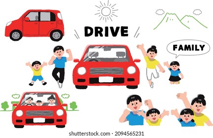 Illustration set driven by a family wearing a car and short sleeves