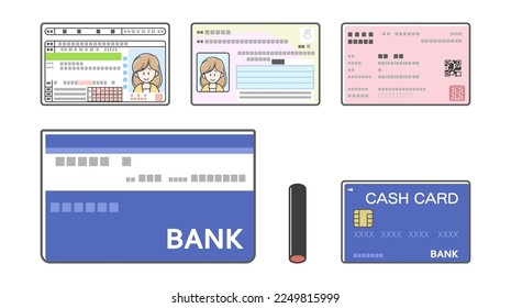 Illustration set of driver's license, My Number Card, insurance card, bankbook, seal, cash card (various forms of identification)