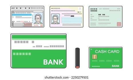 Illustration set of driver's license, My Number Card, insurance card, bankbook, seal, cash card (various forms of identification)