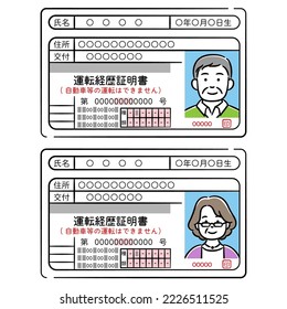 Illustration set of driving career certificate for senior men and senior women

The meaning of the Japanese character is "driving history certificate (you cannot drive a car, etc.), name, address".