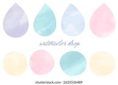 Conjunto de ilustração de gotas e gotas de água em cores pastel com textura de aquarela