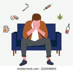 Ilustración de drogas y alcohol. Un hombre frustrado y deprimido quiere rechazar las drogas, el alcohol, el cigarrillo, la cerveza, los opioides, etc.