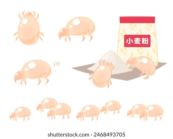 Illustration set of dust mites and flour