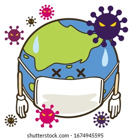 Illustration set of earth globe with mask on white background. Some viruses. Pandemic image illustration.