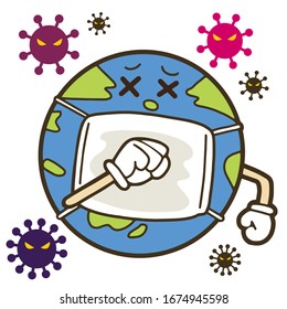 Illustration set of earth globe with mask on white background. Some viruses. Pandemic image illustration.