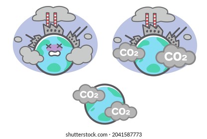 Illustration set of earth for pollution by CO2