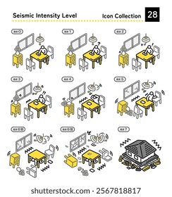 Illustration set of earthquake intensity 0 to 7