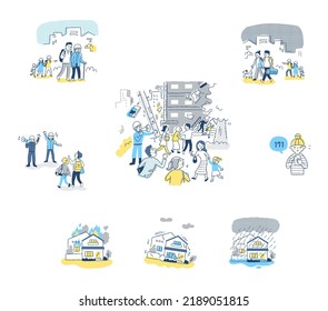 An illustration set of earthquake scenes and people evacuating.