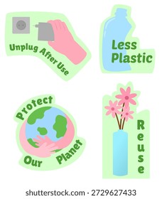 Illustration set of eco friendly reminder stickers. Protect our planet, reduce plastic, save energy, reuse plastic bottle. 
