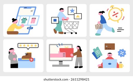 Illustration set of E-commerce concept people. Online shopping clipart collection. Cartoon style flat vector images. 