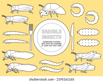 Illustration set of edible insects outline