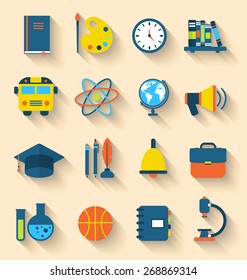 Illustration Set of Education Flat Colorful Icons with Long Shadow Style - Vector