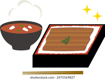 Illustration set of eel bowl and miso soup