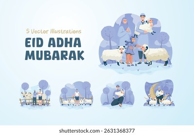 Illustration set of Eid al-Adha celebrations, Happy Muslim family with sacrificial animals, Vector design