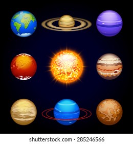 illustration a set of eight planets of solar system with sun