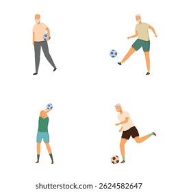 Illustration set of elderly male characters holding, kicking, and playing with a soccer ball