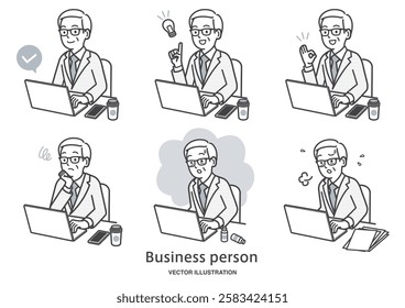 Illustration set of an elderly male employee working on a computer