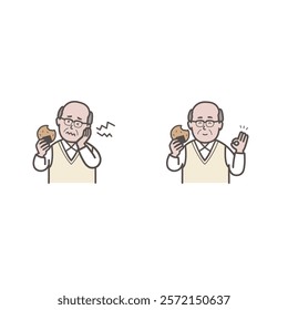 Illustration set of an elderly man eating rice crackers