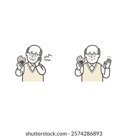 Illustration set of an elderly man eating rice crackers