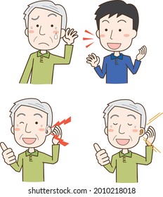 Illustration set of an elderly man with a hearing aid