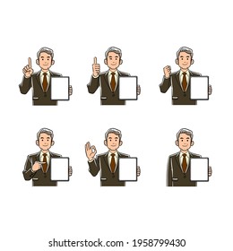 Illustration set of an elderly man in a suit holding a tablet PC with a blank screen