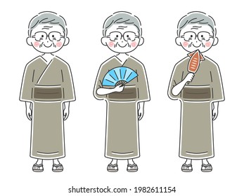 Illustration set of an elderly man wearing a yukata.