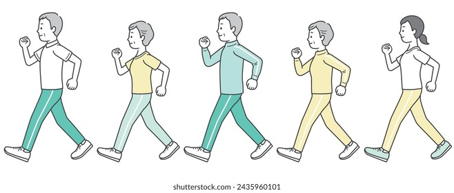 Illustration set of elderly men and women and young women walking in sportswear