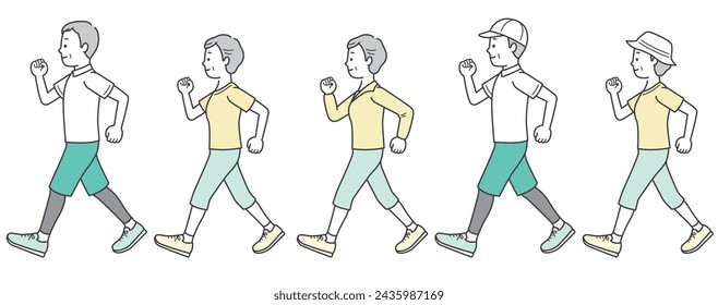 Illustration set of elderly men and women walking in sportswear