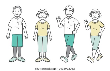 Illustration set of elderly men and women wearing sportswear and hats