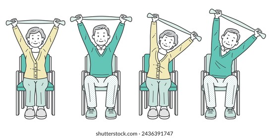 Illustration set of elderly men and women sitting on chairs and stretching