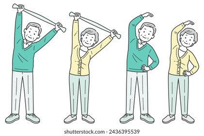 Illustration set of elderly men and women doing stretches to stretch their flanks