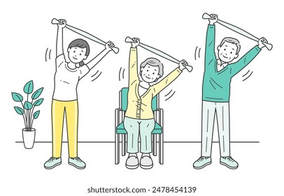 Illustration set of elderly men and women stretching and caregivers