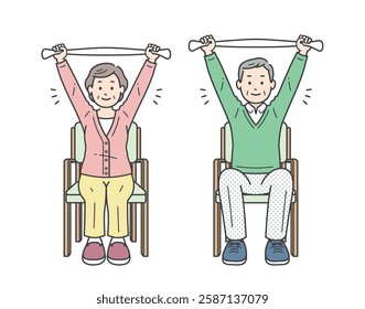 Illustration set of elderly men and women sitting on chairs and stretching