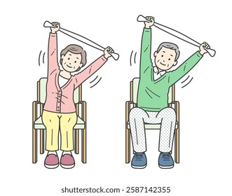 Illustration set of elderly men and women sitting on chairs and stretching