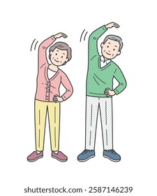 Illustration set of elderly men and women stretching to stretch the sides