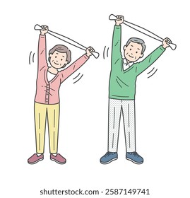 Illustration set of elderly men and women holding a towel and stretching their sides