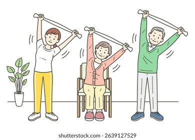 Illustration set of elderly men and women stretching and caregivers