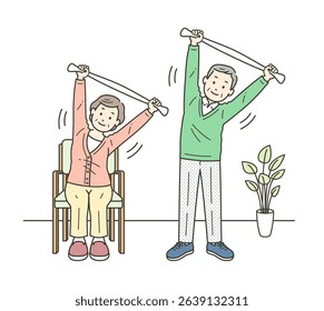 Illustration set of elderly men and women doing stretching