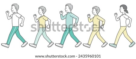 Illustration set of elderly men and women and young women walking in sportswear