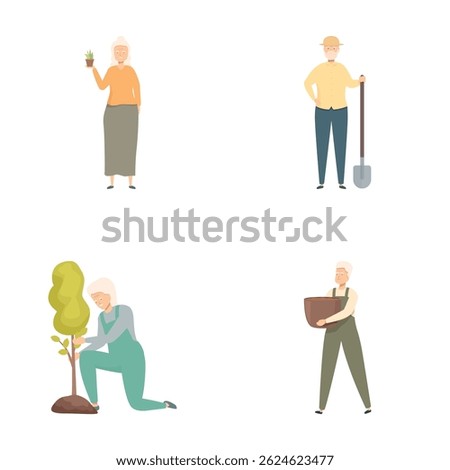 Illustration set of elderly people happily involved in various gardening tasks, promoting active aging