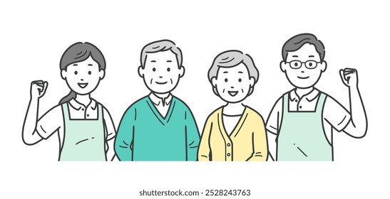 Illustration set of elderly people and male and female caregivers gathering together in good spirits