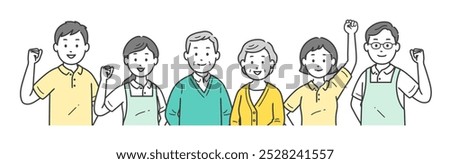 Illustration set of elderly people and male and female caregivers gathering together in good spirits