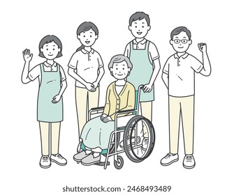 Illustration set of an elderly woman sitting in a wheelchair and a male and female caregiver assisting her